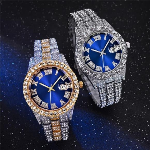 Hip Hop Watches for Men Iced-Out Bling Diamond Luxury Quartz Watches with Date